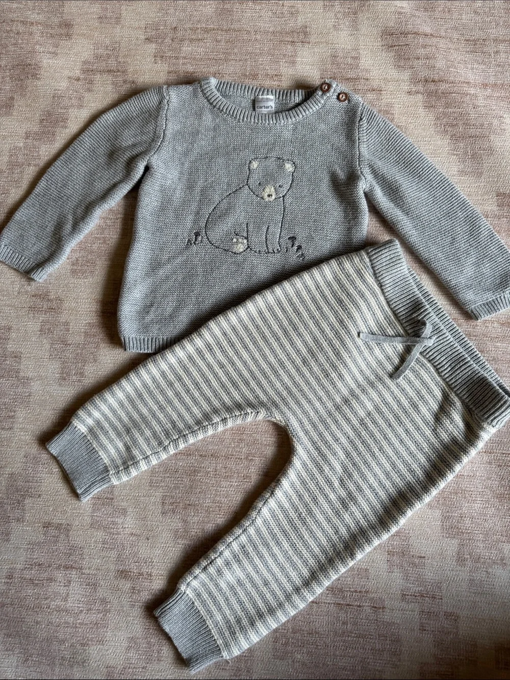 Carter's Light Blue Gray Knit Baby Sweater Set with Embroidered Bear